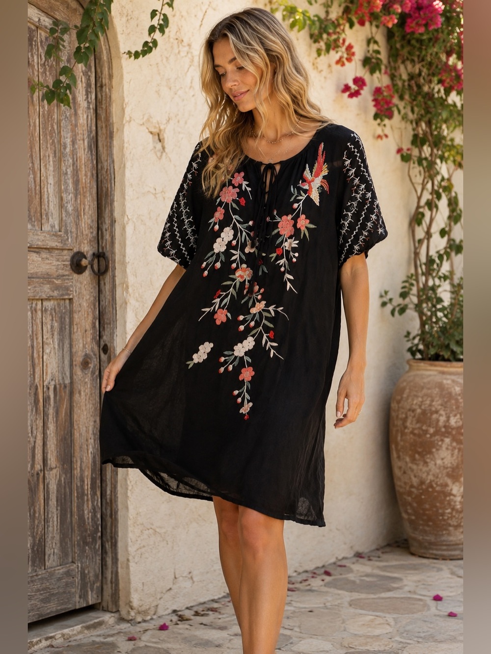 Johnny Was Black Embroidered Floral Bird Ramie Boho Dress